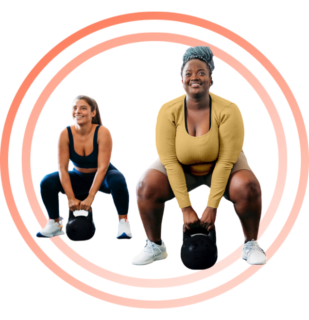 Fitness enthusiasts, two women exercising